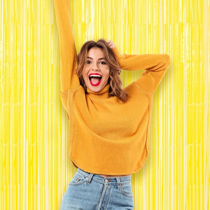 3 Pack 3.3 x 8.2 ft Pastel Yellow Foil Fringe Backdrop Curtains, Tinsel Streamers Birthday Party Decorations, Fringe Backdrop for Graduation, Baby Shower, Gender Reveal, Disco Party