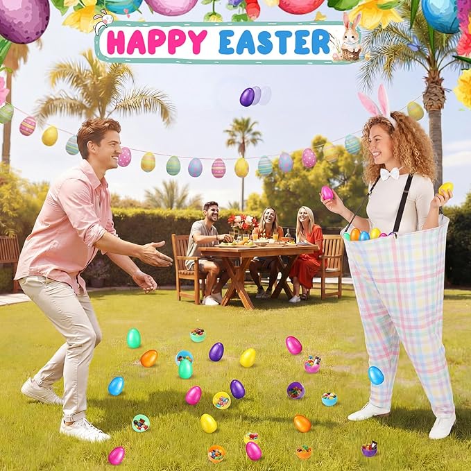 Vinsot 16 Pcs Easter Granny Pants Yard Game Set Oversized Granny Pants with Colorful Easter Eggs, Bowtie, Bunny Ears and Tail, Outdoor Tossing Game Bunny Suit for Spring