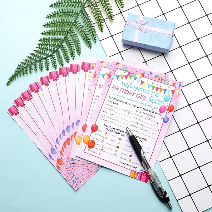 Skylety The Birthday Girl Best, 50 Pieces Birthday Party Activity Game Card Set Who Knows Her Best Girl Birthday Party Activity Themed Party Decorations (Pink)