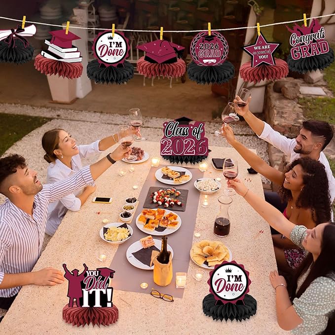 Yisong 9 Pieces 2026 Graduation Party Table Decorations Class of 2026 Congrats Graduation Centerpieces for Tables Congratulate Honeycomb Centerpiece Topper for Grad Party Supplies (Maroon)