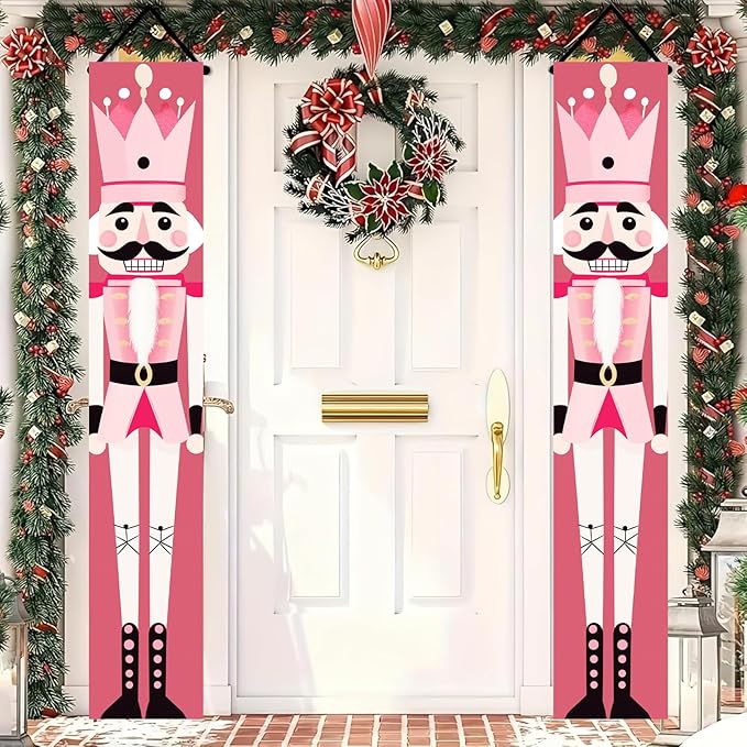 Christmas Nutcracker Door Banner Pink Soldier Porch Sign Holiday Wall Hanging Decoration Outdoor Home Decor Seasonal Entryway Porch Sign Christmas Winter Front Door Display