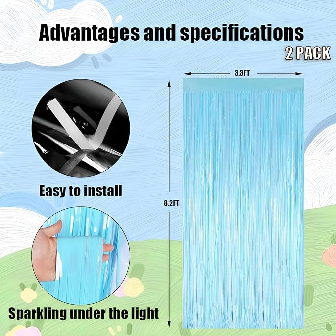 Valentines 2 Pack 3.3 * 8.3 ft Foil Curtain Metallic Tinsel Fringe Curtains Photo Booth Props Backdrop for Birthday Wedding Engagement Baby Christmas Holiday Celebration Party,Macaron Light Blue