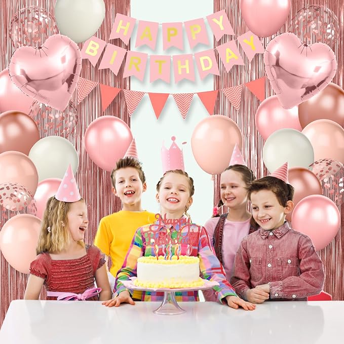 Dusty Pink Birthday Decorations,Happy Birthday Banner Pink Rose Gold Sand Boho Balloons Fringe Curtain Heart Foil Balloons for Women Girl Boys Baby Shower