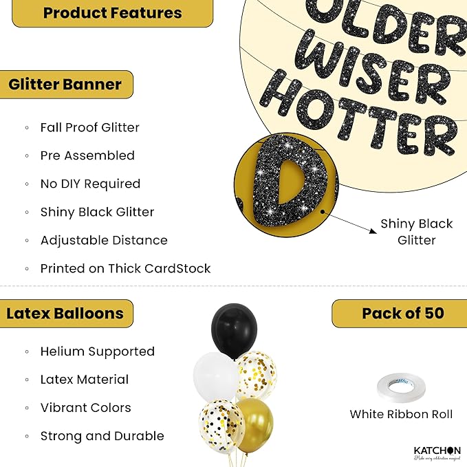 KatchOn, Older Wiser Hotter Birthday Decorations – Pack Of 51 | Black Happy Birthday Decorations Banner, Balloon Arch kit | Birthday Decorations for Men, Women | 60th 70th 50th Birthday Decorations