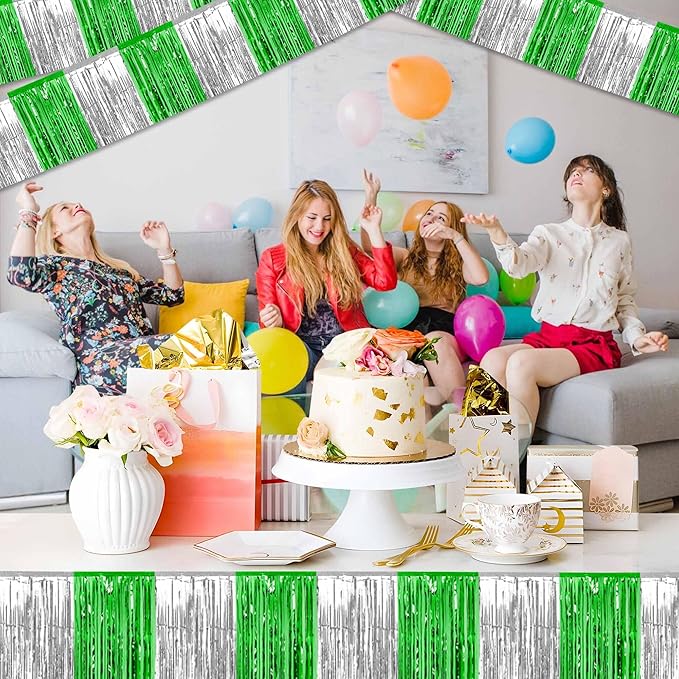 3 Pack 10 Ft Silver Green Foil Fringe Garland Metallic Streamers Tinsel Banner Wall Hanging Garland Backdrop for Parade Floats, Halloween, Christmas, Thanksgiving, New Year Party Decorations