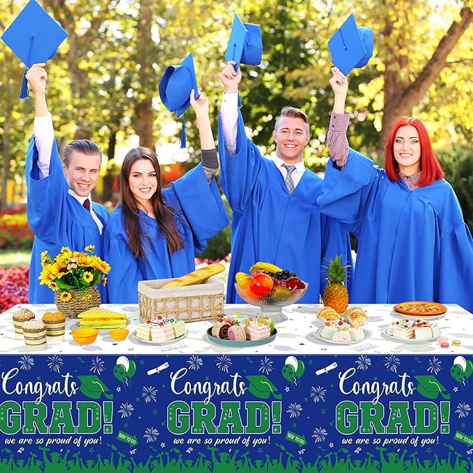 3 Pack Graduation Tablecloth Party Decorations, Class of 2026 Congrats Grad Plastic Tablecover Party Supplies, Blue and Green Rectangle Graduation Table Decor for College High School Party, 54x108Inch