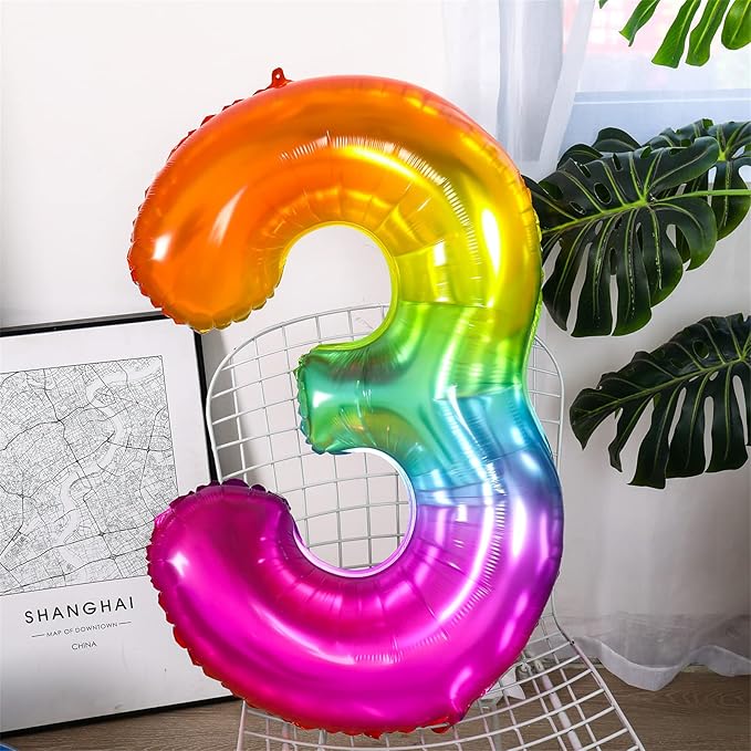 Number Balloon | Number 3 Balloon for 3rd Rainbow Birthday Decorations | Giant Multicolor Mylar 3 Balloon Number - 40 Inch | Big Foil Colorful 3 Birthday Balloon for Anniversary Party Supplies Favors