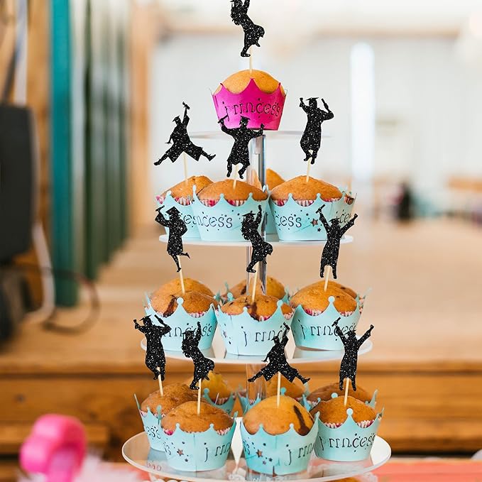 Gyufise 24Pcs 2026 Graduation Cupcake Toppers Black Glitter Class of 2026 Boys Girls Graduation Cap Cupcake Picks for 2026 Grad Theme Party Cake Decorations Supplies
