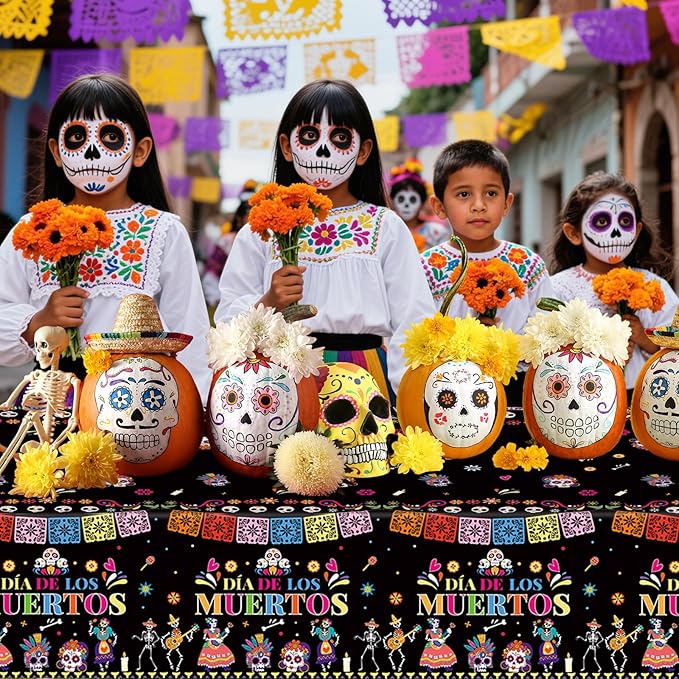 2 Pcs Day of The Dead Table Cloth - Plastic Dia De Los Muertos Tablecloth, Disposable Sugar Skull Floral Table Cover for Halloween Mexican Fiesta Party Decorations Supplies Favors, 108 x 54 Inch
