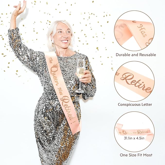 Retirement Gift for Woman - Champagne Retirement Sash with Rose Gold Shine The Queen Has Retired!, Cool Retirement Party Decorations for Birthday Retired Queen.