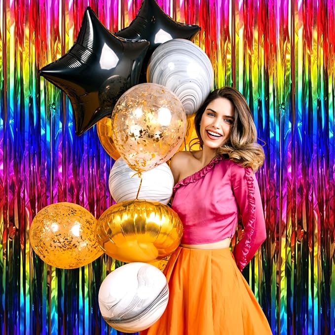 3 Pack Rainbow Foil Fringe Curtain Backdrop, 3.28Ft x 8.2Ft Metallic Tinsel Foil Fringe Streamer Curtains for Photo Booth, Mother's Day, Easter, Birthday, Wedding Party Decorations