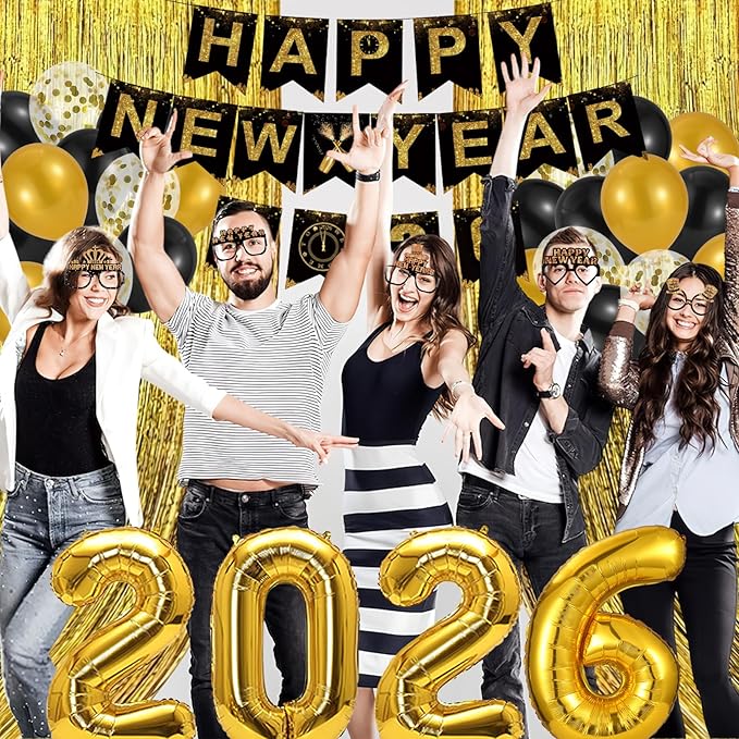 Happy New Year Decorations 2026, New Years Banner Foil Curtain Cone Hats Glasses Photo Props Headband Noisemakers Squakers 2026 Foil Ballons Accessories for Eve Celebration Decorations Favors