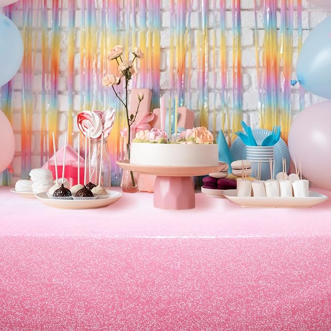 Kesfey 6 Packs Ombre Pink Tablecloth 54 x 108 Inch Gradient Pastel Pink Table Cloths Rectangle Disposable Plastic Light Pink Sprinkle Glitter Table Covers for Birthday Baby Shower Party Decorations
