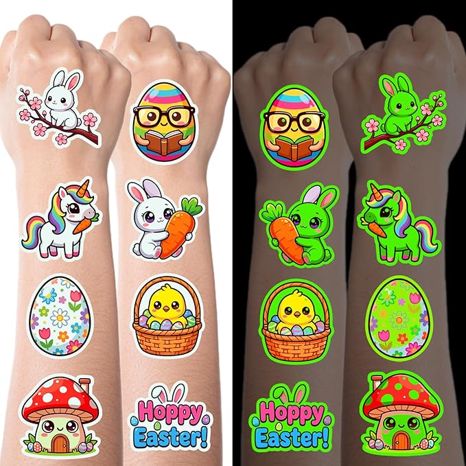 JCFIRE 95 PCS Luminous Easter Basket Stuffers, Glow in Dark Temporary Tattoos for Kids, Easter Egg Fillers, Stickers for Toddler Teens Boys Girls, Spring Party Favors Decorations
