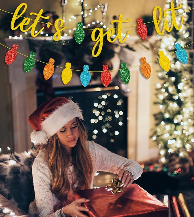 JOZON Gold Glittery Let's Get Lit Banner and and Colorful Glittery Christmas Lightbulb Themed Banner Christmas Garland Signs Christmas Holiday Party Supplies for Mantle Fireplace Wall