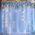 10ft x 8ft Baby Blue Tulle Photo Backdrop Curtain with Lights String for Parties Wedding Sheer Blue Curtain Backdrop for Birthday Party Baby Shower Boy Photo Booth Photography Background Decorations