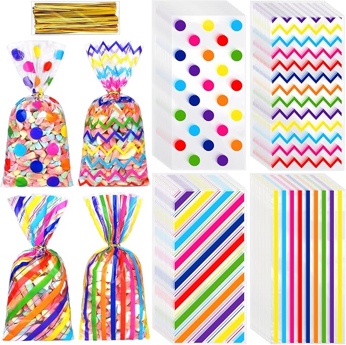 Aodaer 100 Pieces 10.6 x 5.1 In Rainbow Cellophane Bags Plastic Candy Gift Bag Cellophane Treat Bags with Twist Ties Stripes Polka Dot Printed Pattern Goodie Bag for Birthday Weddings Party Favors