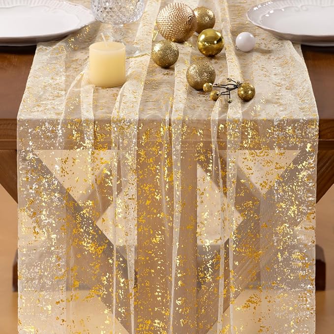 Socomi Gold Table Runner Gauze Tulle Sheer Glitter Metallic Foil Chiffon Cheesecloth Sequin 10FT Wedding Birthday Party Dining Anniversary Holiday Centerpiece Table Decor Beige