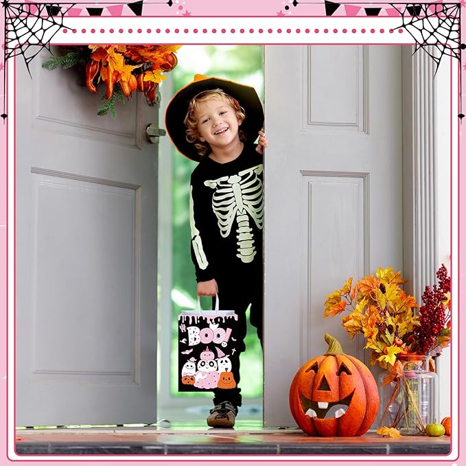 24 Pcs Halloween Party Favors Bags with Handle Trick or Treat Gift Bags Boo Gift Ghost Black and Pink Pumpkin Candy Halloween Goodies Present for Wrapping Birthday Party