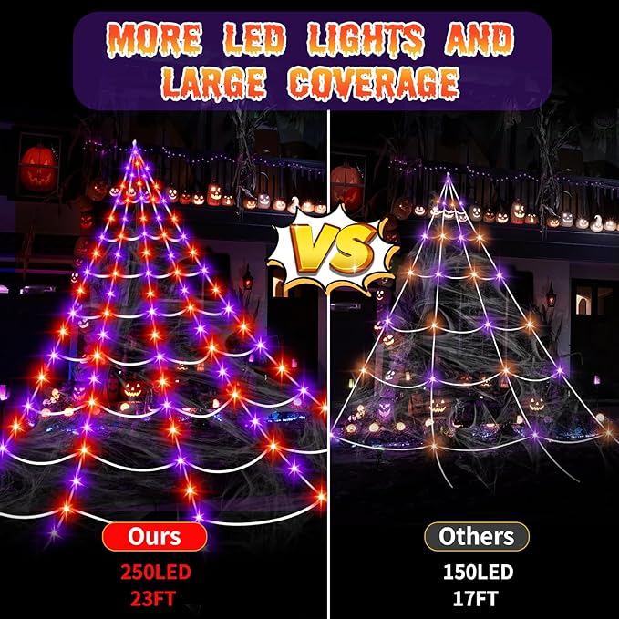 Halloween Decorations Outdoor, 250LED 23x18 FT Giant Spider Web with Purple Orange Lights, Lighted Triangular White Spider Web with Sturdy Wire, Waterproof, Timer, 8 Modes for Yard Halloween Décor