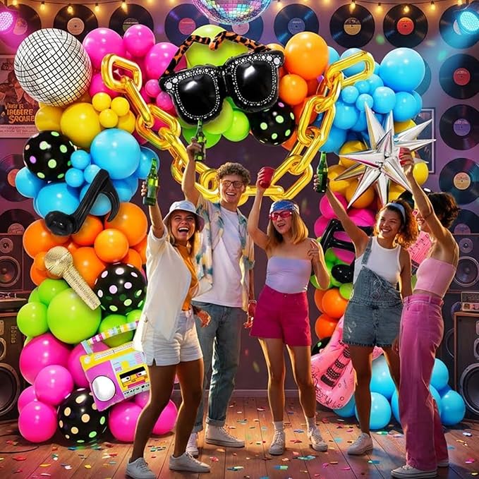 90s 80s Disco Theme Party Decorations, 151Pcs Balloon Arch Kit with Disco Ball, Retro Glasses, Musical Note, Guitar & Star Foil Balloons for Back to 80s 90s disco Birthday party
