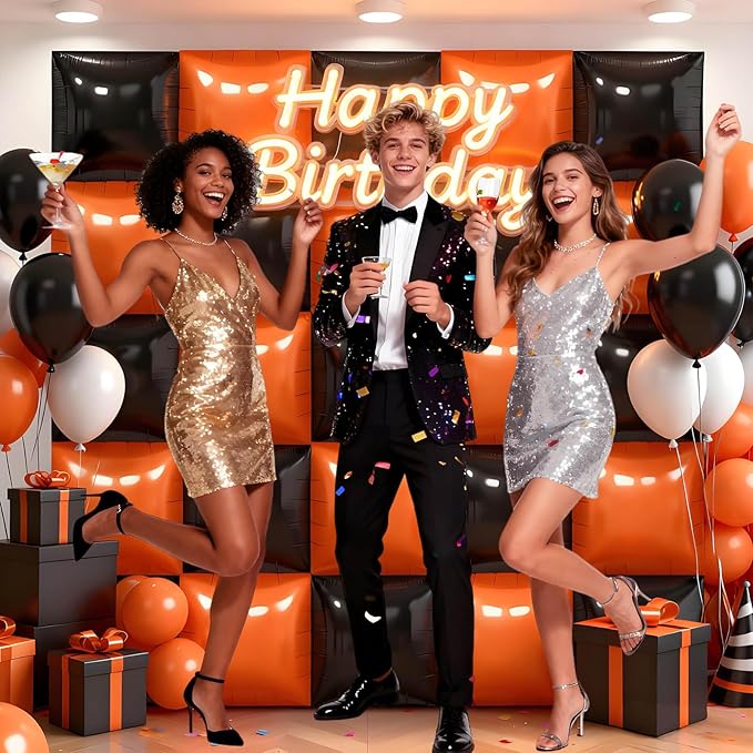 36Pcs Black and Orange Square Foil Balloons Wall Backdrop, Double Sided Metallic Foil Balloons Tunnel Arch Garland Kit for Photo Booth Birthday Wedding Halloween Christmas Party Decorations