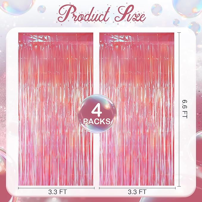 4 Pack Pink & Green Party Streamers Backdrop Curtains, 3.3x8.2ft Holographic Tinsel Foil Curtain Photo Booth Props for Birthday, Wedding, Holiday Celebration, Bachelorette, Theme Decorations
