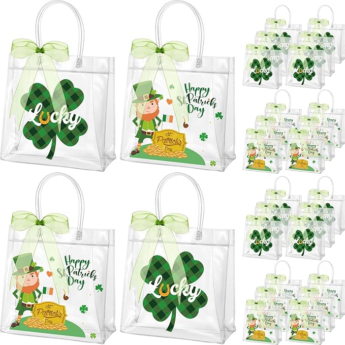 Henoyso 24 Pcs St. Patrick's Day Clear Gift Bags Plastic Shamrock Party Favor Bags with Handles and Ribbon Green Lucky Clover PVC Totes for Irish Candy Goodie Treat Gift Wrap, 7.8 x 7.8 x 3.1 Inches
