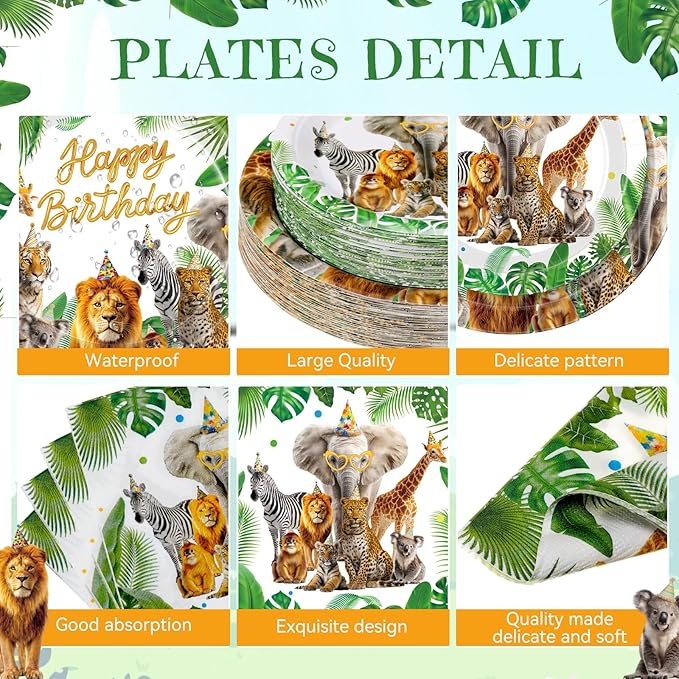 250 Pcs Safari Birthday Decorations for 50 Guest, Jungle Animals Paper Plates Napkins and Cups for Wild Animals Lion Tiger Zoo Theme Party Supplies