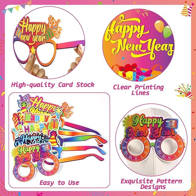 36 Pcs Happy New Year Party Favors 2026 Neon New Year Eve Party Supplies for Adults & Kids,12 Neon Cone Hats and 24 Paper Glasses Fun Decoration Props for NYE Decorations