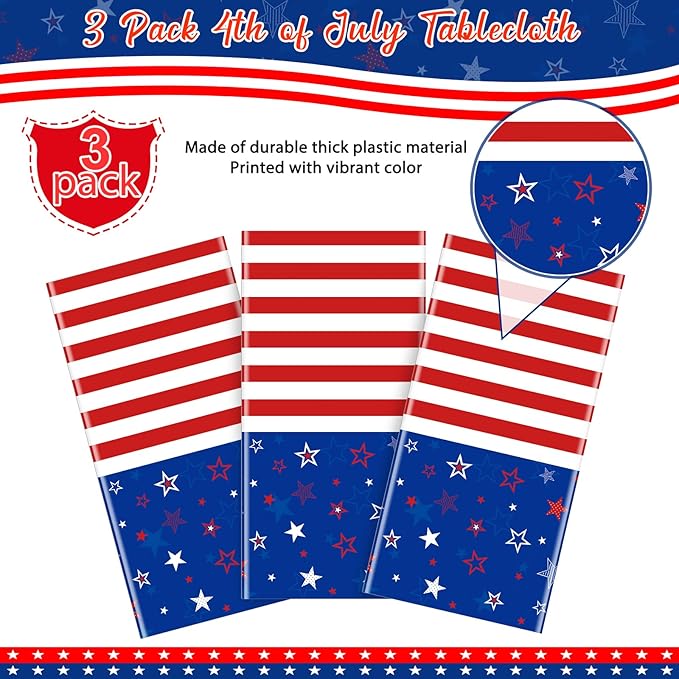 3Pcs Patriotic Tablecloths for 4th of July Decorations,Red White Blue Star Plastic Disposable Table Cover for Fourth of July Memorial Patriotic Day Independence Veterans Day Party Supplies,54x108 Inch