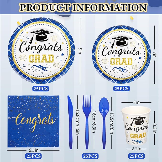 Whaline 175 Pcs Graduation Party Supplies, Paper Plates and Napkins Set, 25 Guests Blue Congrats Grad Disposable Tableware Include Plate Napkin Cup and Cutlery for Party Table Decor
