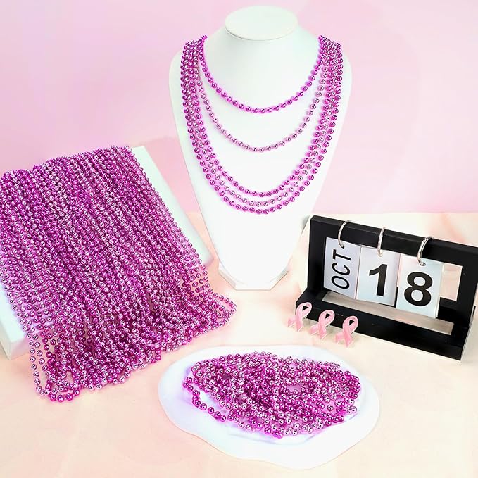 SHAOQINLIN 144 PCS Breast Cancer Awareness Necklaces, Hot Pink Bead Necklace, 33" Pink Mardi Gras Beads, Breast Cancer Awareness Accessories for Parade Supplies
