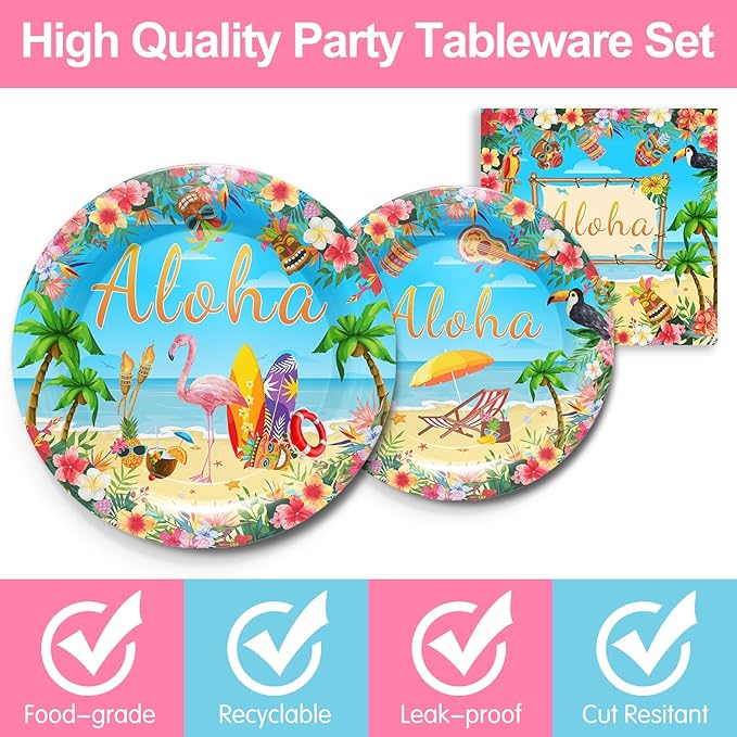 Hawaiian Luau Party Supplies Tableware Set - Tropical Flamingo Decorations Include Plates, Napkins, Cups, Cutlery, for Summer Beach Aloha Theme Party Supplies | Serves 24
