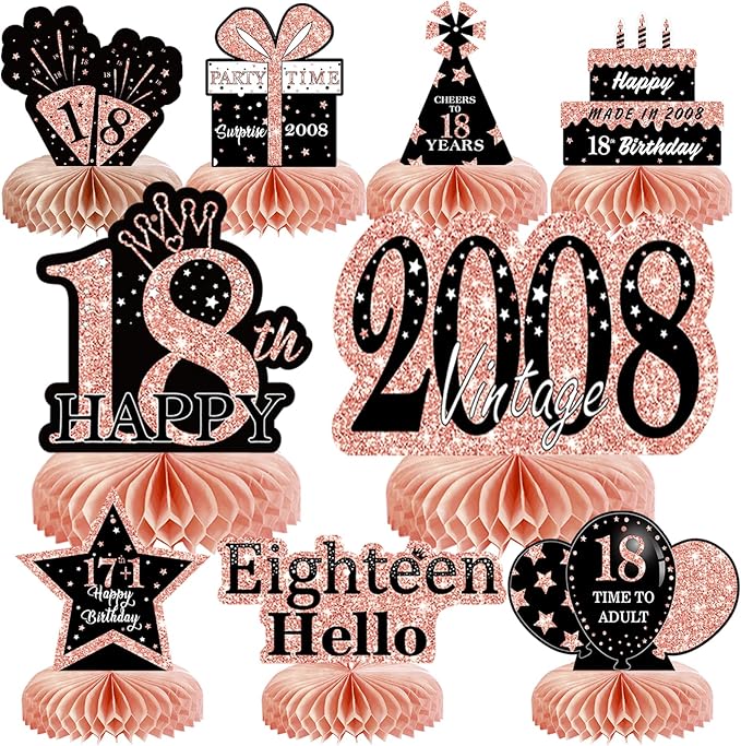 9Pcs Rose Gold Pink 18th Birthday Decorations Honeycomb Centerpieces for Girls,Happy 18th Birthday Centerpieces Tables Toppers Party Decorations Supplies,Vintage 2008 Aged Table Sign Decor