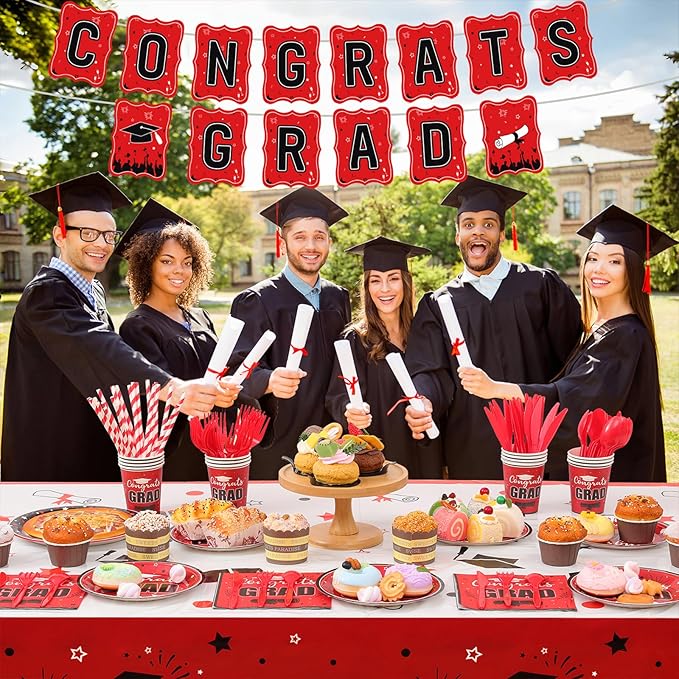 Graduation Party Supplies Congrats Grad Decorations Class of 2025, Disposable Plates and Napkins with Banner Tablecloth Cups Dinnerware Sets for Graduation Decor, Serves 24 (Red and White)
