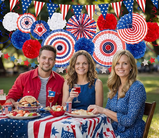 29PCS 4th/Fourth of July Patriotic Decorations Set - Red White Blue Paper Fans,USA Flag Pennant,Star Streamer,Pom Poms,Hanging Swirls Party Decor Supplies