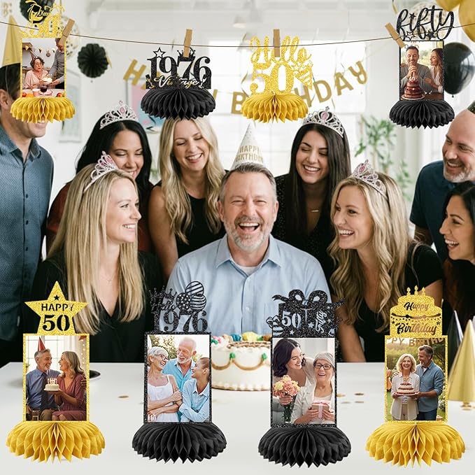 8Pcs 50th Birthday Decoration for Men Women 50th Birthday Table Decorations Cheers to 50th Birthday Honeycomb Centerpieces Table Topper Black and Gold 50th Birthday Party Favors
