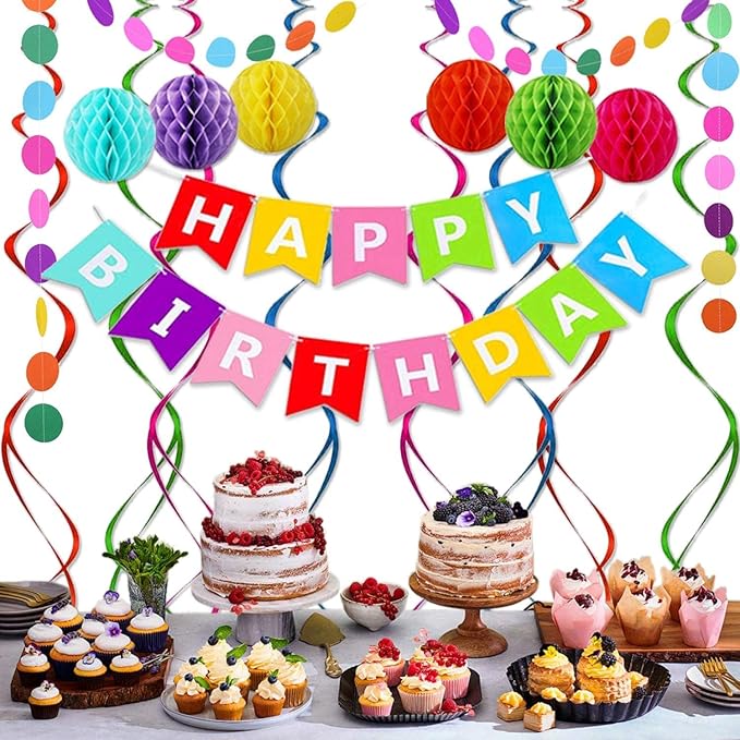 Happy Birthday Banner, Rainbow Birthday Banner, 6 Honeycomb Balls, 8 Metallic Hanging Swirls and Circle Parper Garland, Happy Birthday Decorations for Girls Women men Party Decorations