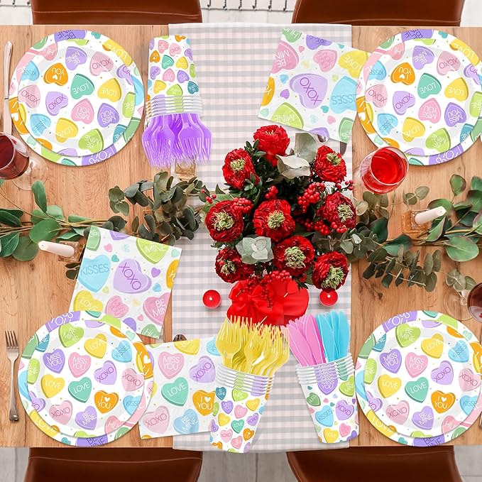 144Pcs Valentine's Day Tableware Set,Conversation Heart Valentines Day Plates and Napkins Colorful Love Valentine's Day Party Supplies for Anniversary Wedding Sweet Day Decor