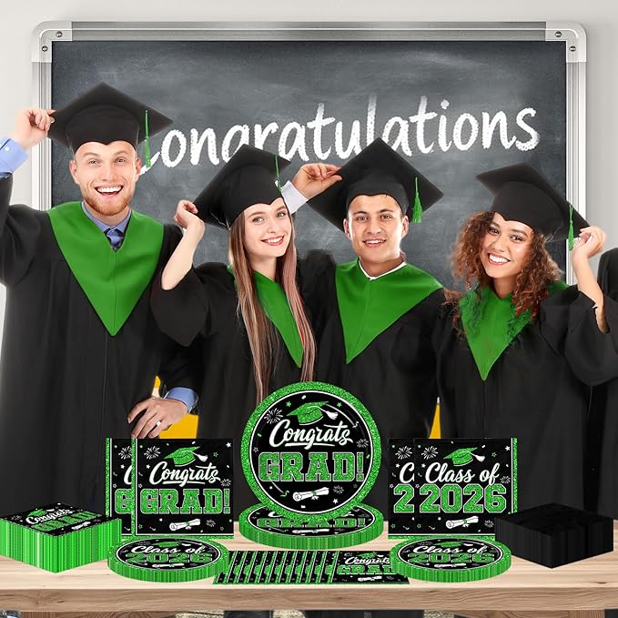 Graduation Decorations 2026 Graduation Party Plates and Napkins Set Black Green Class of 2026 Graduation Party Supplies for Congrats Grad Party Decor, Serve 50