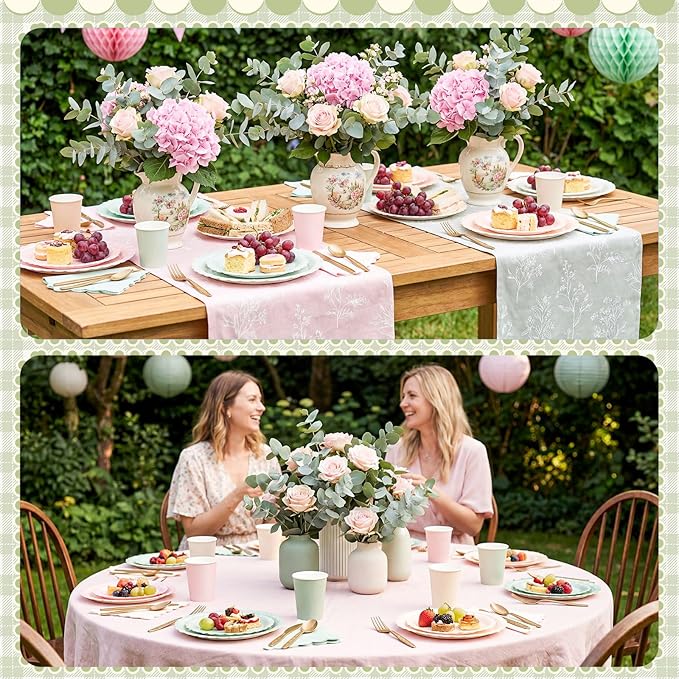 Zhehao 175 Pcs Pink and Sage Green Style Party Supplies Set Pink and Green Disposable Tableware Kit with Plates, Cups, Napkins, Cutlery in Natural Earth Tones for Baby Shower, Birthday