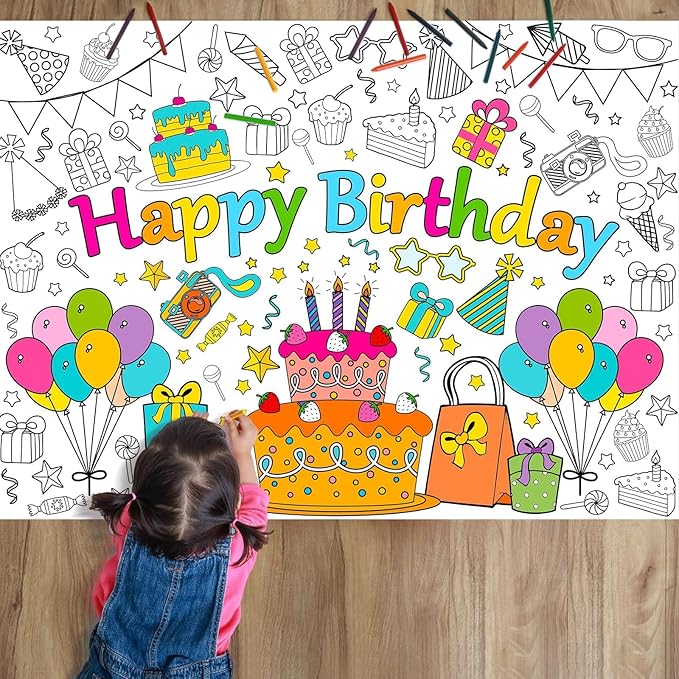 ZOIIWA Happy Birthday Coloring Poster for Kids Giant Coloring Sheet Classroom Large Big Birthday Tablecloth for Wall Jumbo Page Books Party Game Crafts Activity Supplies Decoration Favor