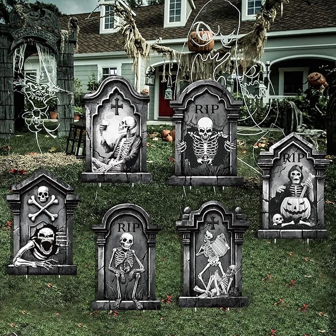 Spooky Halloween Tombstones Yard Signs Decoration, Graveyard Skeletons, 6pcs 11.5“x16.53 Scary Party Decor, Halloween Lawn Stakes Outdoor or Indoor, Waterproof Material