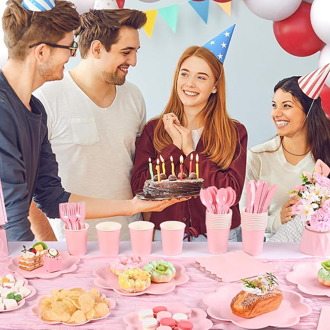 350 Pcs Pink Paper Plates and Napkins Set, Tableware Set for 50 Guests Include Disposable Pink Scalloped Plates, Napkins, Cups, Knives, Forks & Spoon for Baby Shower Easter Party Wedding Birthday