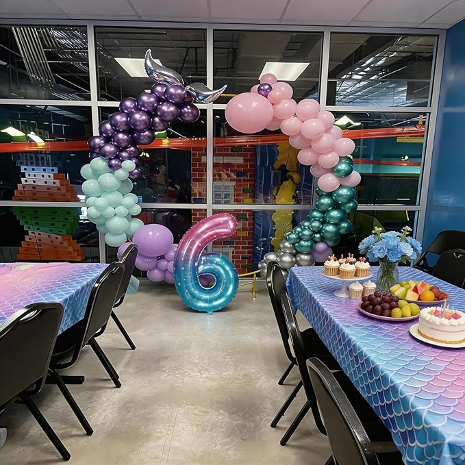Mermaid Birthday Decoration for Girls,Metallic Purple Pink Green Blue Latex Balloons Seashell Foil Balloons Banner Cake Topper Mermaid Sea Decorations