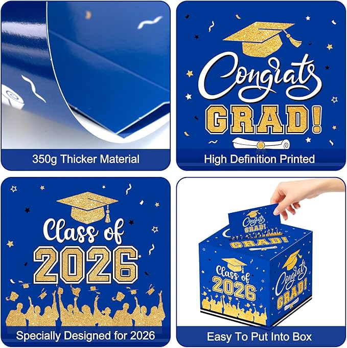Graduation Card Box 2026 - Congrats Grad Card Boxes Holder, Blue and Gold Class of 2026 Graduation Gift Cards Box for Graduation Party Decorations 2026 Favors Decor Supplies Props,9x 9 x 9 inches