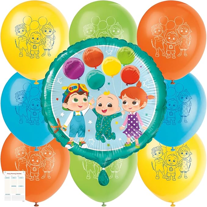 Cocomelon Balloons - Cocomelon Birthday Decorations - Bundle with 8 Latex and 1 Foil Balloons, Checklist - Party Supplies for 1st or 2nd Birthday