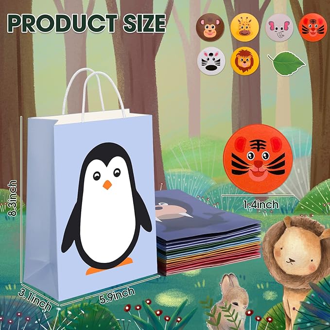 24 Pack Animal Party Favor Bags,Kids Goodie Bags for Birthday Party,Animal Goodie Treat Bags,Colorful Paper Gift Bags with Handles,Candy Bags for Kids Jungle Animals Theme Party Supplies 8 Designs
