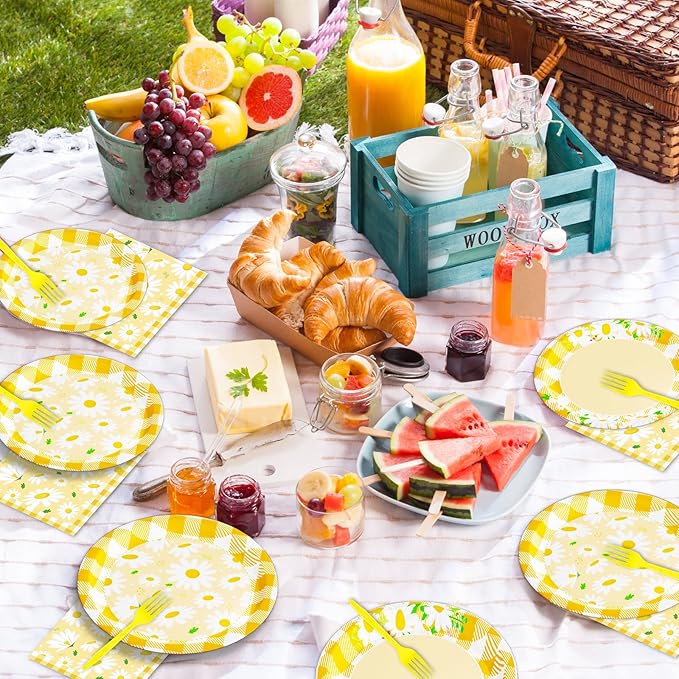 Wiooffen 96 Pcs Daisy Flower Party Supplies for 24 Guests Daisy Party Tableware Set Yellow Daisy Flower Birthday Party Pack Paper Plate Napkin Fork for Birthday Party Wedding Bridal Baby Shower